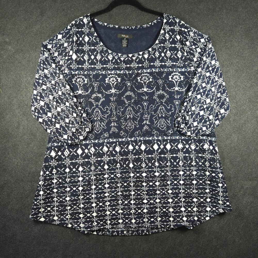 Style & Co Top Plus Size 3X Navy Blue Semi Sheer Lined Tunic 3/4 Gathered Sleeve